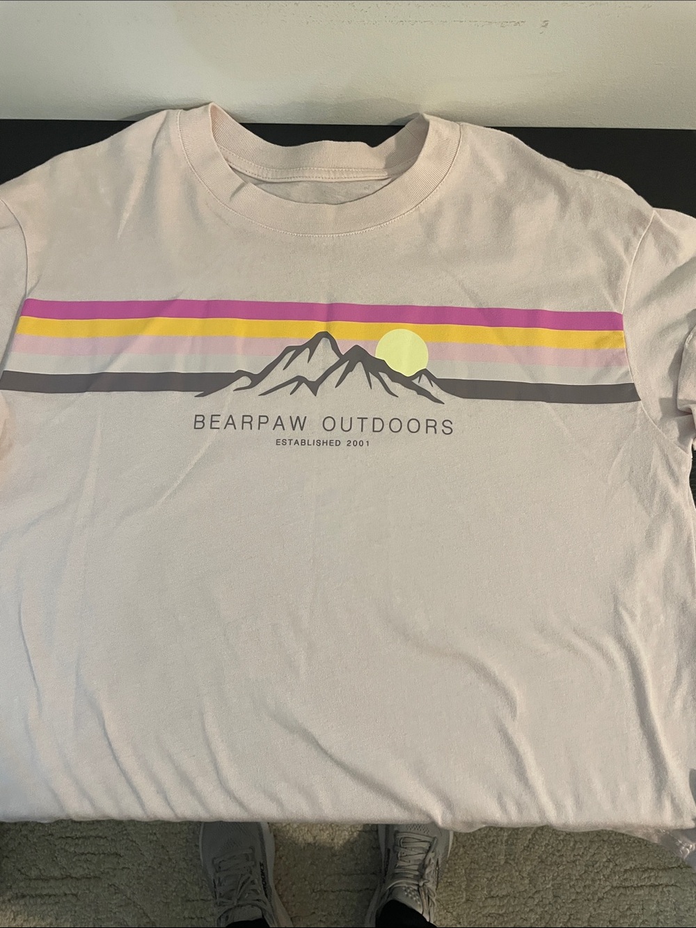 BearPaw Women's Pale Pink Graphic Crop Tee with Sunset Stripes
